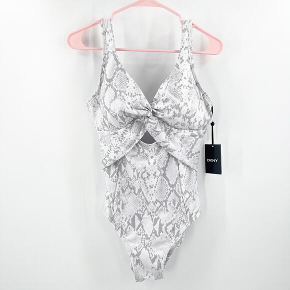 DKNY Swimsuit Size 8 One Piece NWT Gray White Scoop Back Twist Front Swim Beach - Picture 3 of 16